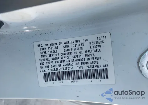 2015 Honda Accord Sport from USA, damaged, VIN 1HGCR2F51FA052551